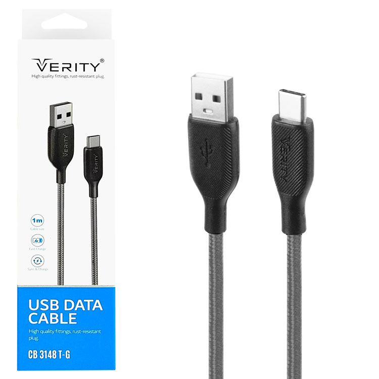 کابل دیتا و شارژ Type-C VERITY مدل 3148 خاکستری